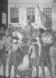 Læsning af uafhængighedserklæringen for offentligheden i 1776 (litho)