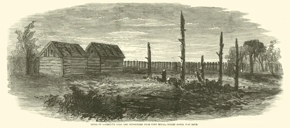 Ruinerne af Garretts Barn and Out-houses nær Port Royal, hvor Booth blev skudt, april 1865