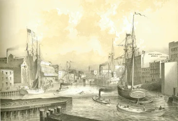 Rush Street Bridge, View from State Street, fra Chicago Illustrated, med litterære beskrivelser af James W. Sheahan, udgivet af Jevne & Almini, Chicago, 1866-67