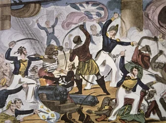 Sejlere fra Royal Navy Boarding Algerine Pirate Fartal, C.1820 (Color Litho)