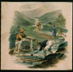 Scene på grenen af Sacramento i 1597, illustration fra Californien, dens tidligere historie, dens nuværende position, dens fremtidsudsigter af G.A. Fleming, 1850