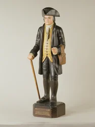 Skulptur af Diedrich Knickerbocker, som stod i Knickerbocker Hall i New York City, ca. 1850-67 (malet træ)