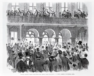 Secession møde foran Mills House, Meeting Street, Charleston, South Carolina, ca. 1860 (gravering) (s/h foto)