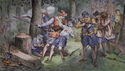 Bosættelse af Jamestown, Virginia i 1607 (farvet gravering)
