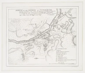 Skitse af træfningen ved Petersborg: mellem den kongelige hær under kommando af major Gel. Phillips og den amerikanske hær under kommando af generalmajor. Steuben, hvor sidstnævnte blev besejret, 25. april 1781