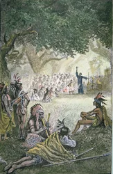 Spanske jesuittermissionærer omvender indianere i Californien i det 17. århundrede (farve litografi)