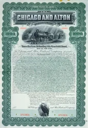 Eksempler på obligationscertifikat for 1000 dollars for Chicago and Alton Railroad Company, 1899