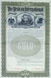 Eksempler på obligationscertifikat for 1000 dollars for det mexicanske internationale jernbaneselskab, 1897