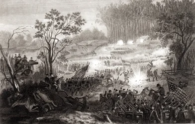 Slaget ved Pittsburg Landing, graveret af H. B. Hall, 1862