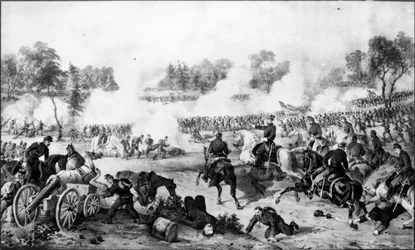 Slaget ved Wilderness, Virginia, 5. og 6. maj 1864, udgivet af Currier und Ives (gravering) (bundw foto)