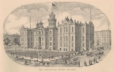 The Court-House before the Fire, trykt af Moss Engraving Co., New York, illustration fra History of Chicago vol. 2 af Alfred Theodore Andreas, udgivet 1885