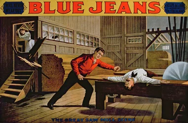 Den store savværksscene, plakat til blå jeans