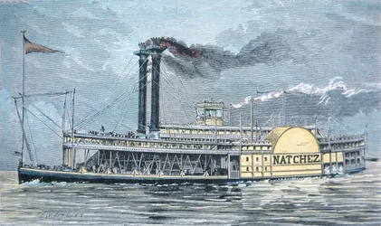 Mississippi-sidehjulstrækkeren "Natchez", ca. 1870 (farvestik)