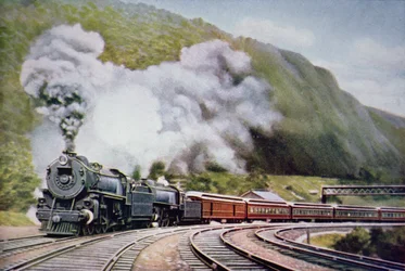 New York til Chicago Express ved Horse-Shoe Curve, Alleghany, ca. 1930 (farve litho)