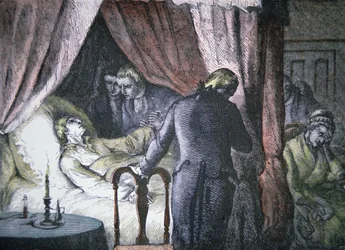 George Washingtons død ved Mount Vernon, Virginia (farve litho)