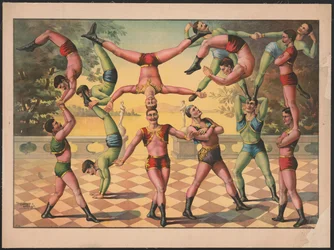 Thirteen Men Doing Acrobatics, ca. 1891 (farvelitografi)