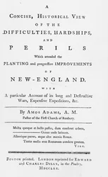 Titelblad til et kortfattet, historisk syn på de vanskeligheder, strabadser og farer, der deltog i Planting and Progressive Improvements of New England, 1770 (trykt papir)