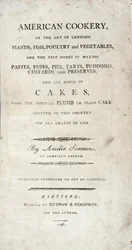 Titelside til American Cookery, skrevet af Amelia Simmons, udgivet af Hudson & Goodwin, 1796