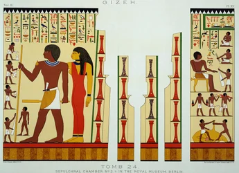 Grav 24, gravkammer nr. 2, fra Gizeh, bind II, plade XV fra det gamle Egypten af Samuel Augustus Binion, udgivet 1887 (tonet chromolitho)