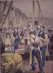 Amerikansk tekstilindustri, tekstilfabrik i nord, ca. 1870 (farvet gravering)