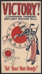 Onkel Sam vender uret tilbage, sejr! Kongressen godkender sommertidsloven, gør din sko klar!, sommertid-plakat under 1. verdenskrig, USA, 1918