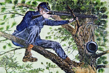 Union Army Sharpshooter ved hjælp af teleskopsigter (farve litho)