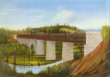 Udsigt over en overdækket bro og jernbane, c.1870