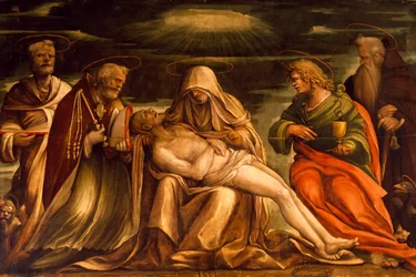 Pieta pyhien Markuksen, Ambroseen, Johannes evankelistan ja Antonio Abaten välillä, Amico Aspertini (1474 tai 1475-1552), tempera kankaalle