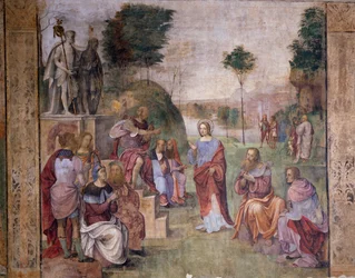 Retssagen mod Santa Cecilia (St. Cecilia), ca. 1506, af Amico Aspertini (1474 eller 1475-1552), freskomaleri, Oratoriet i Santa Cecilia (St. Cecilia), Bologna, Emilia-Romagna. Italien
