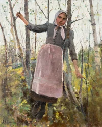 Forår; Pige i en birkeskov