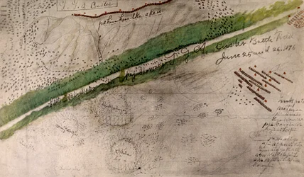 Topografisk kort over slagmarken ved Little Big Horn (kul og blæk på papir)