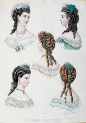 Fem frisurer af kvinder Plate taget fra "La mode illustree"" af Anais Coutwelve