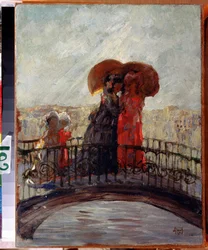 Under regnen (I regnen). Maleri af Anatoly Afanasyevich Arapov (1876-1949). Olie på lærred, 36 x 28 cm