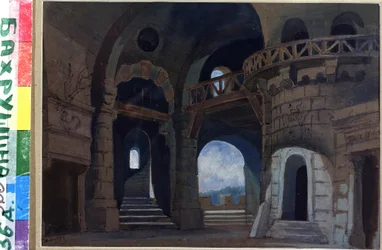 Decor pour la piece Macbeth af William Shakespeare (1564-1616) (Scenedesign til skuespillet Macbeth af W.Shakespeare). Oeuvre de Anatoli Fyodorovich Geltser (1852-1918), aquarelle et gouache sur papier