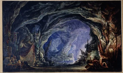 Forberedende indretning til balletten Le Corsaire af Adolphe Adam (1803-1856) (Scenedesign til Ballet Corsair af A.Adam). Korsarernes hule, tilgængelig fra havet, hvor de samler deres bytte og præmier af enhver art (klude, fade, våben). Åh