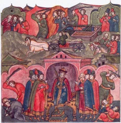 Vold af Moskva-prins Ivan Danilovich og hans naboer Fra: The Life of Saint Sergius of Radonezh, 1500-tallet