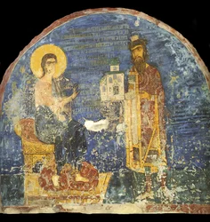 Storprins Yaroslav II Vsevolodovich med model af Nereditsa-kirken før Kristus, 12. århundrede