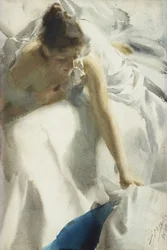""Reveil, boulevard Clichy, Paris"" (Awakening, Boulevard Clichy) Ung pige i negligee - Akvarel af Anders Leonard Zorn (1860-1920) 1892 Privat samling