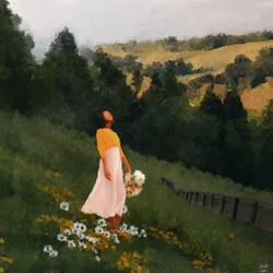 Kvinde i en mark med vilde blomster