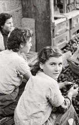 Smilet hos en ung pige, der skræller valnødder, Quaglino, Napoli, Italien, ca. 1955 (s/h-foto)