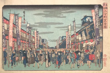 Udsigt over Kabuki-teatrene ved Sakai-cho på åbningsdagen for den nye sæson Sakai-cho S..., ca. 1838.