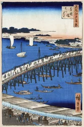 Japansk træbloktryk: Bredden af ​​floden ved Ryogoku-broen (Tokyo, Japan). Serie hundrede berømte udsigter over Edo. (Flodbredden ved Ryogoku-broen. Hundrede berømte udsigter over Edo). Værk af Utagawa Hiroshige (1797-1858), træsnit