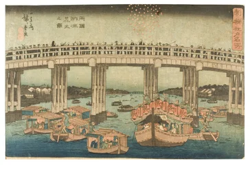 Fyrværkeri i aftenens kølige tid ved Ryogoku-broen fra serien Famous Places in Edo - Newly Selected, ca. 1840-1842 (træbloktryk på papir)