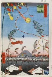 Velstand i hele byen under Tanabata-festivalen (Hundrede berømte udsigter over Edo) (Tokyo, Japan) - Værk af Utagawa Hiroshige (1797-1858), japansk tryk (39x26 cm), ca. 1858 - Velstand i hele byen under Tanabata-festivalen (Et hundrede