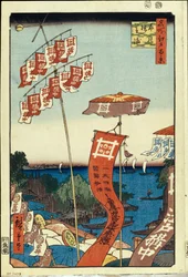 Le pont Kanasugi et Shibaura (cent vues celebres de Edo) - Oeuvre de Utagawa Hiroshige (1797-1858), estampe japonaise, vers 1858 - (Kanasugi Bridge og Shibaura - (Hundrede berømte udsigter over Edo), Hirosh i farve af Utagige ca 1858) Statseremit