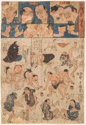 Træningsbevægelser af sumobrydere. Tryk af Utagawa Hiroshige (1797-1858)