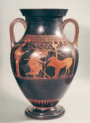 Attisk rødfigur-bugamfora med Herakles, der fanger Kerberos, græsk, fra Athen, 6. århundrede f.Kr.