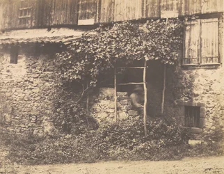 [Rustik bygning med mand under espalier], ca. 1853.