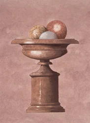 Marmorvase, brun, blå og gule kugler
