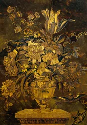 Marquetry indlæg på ibenholt skabsdør, af Andre-Charles Boulle (1642-1732), Frankrig